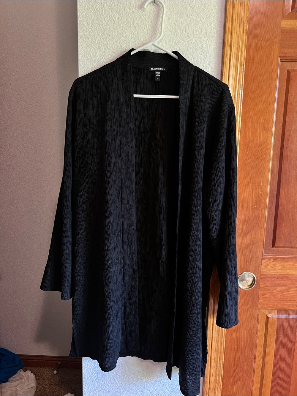 Eileen Fisher Black Open-Front Lightweight Draped Crinkle Texture Cardigan